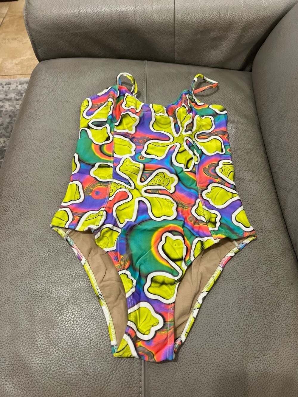 Retro Y2K Fluidos Psychedelic Floral One-Piece Swimsuit Size M Made in Brazil